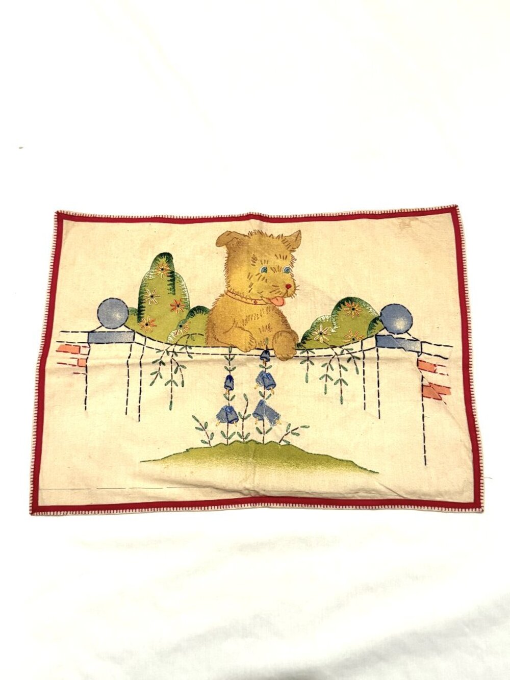 Vintage Embroidered Crib Pillow #3016 Stamped 1930s JBK Co Scotty Dog Cottage